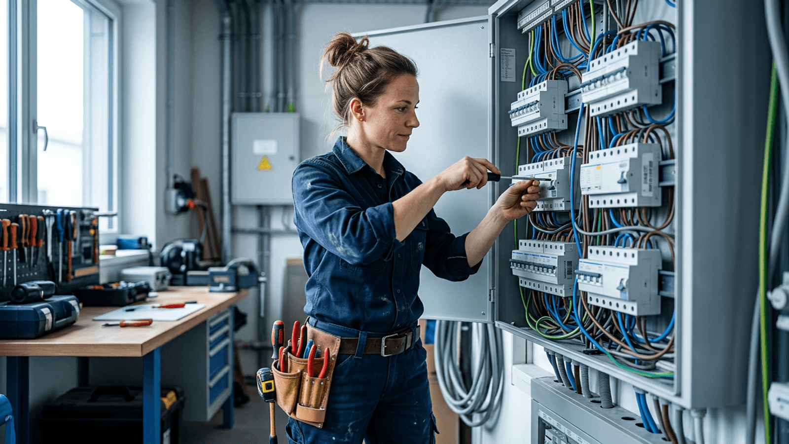 Porträt einer Elektrikerin, konzentrierter Blick.