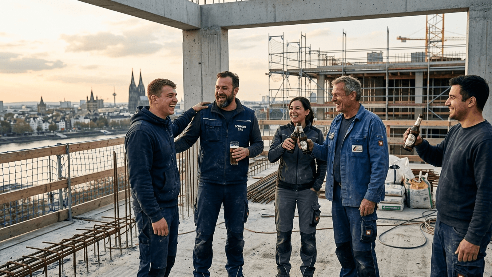 Handwerksteam jubelt nach Auftragsabschluss auf der Baustelle.