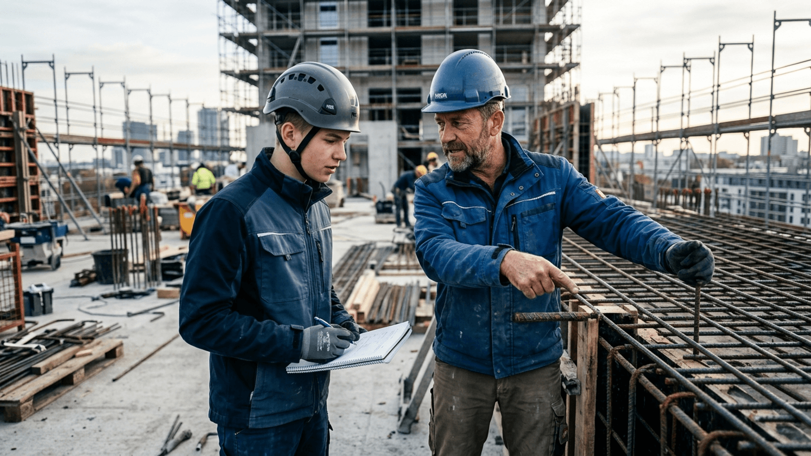 Polier erklärt einem Auszubildenden den nächsten Arbeitsschritt.