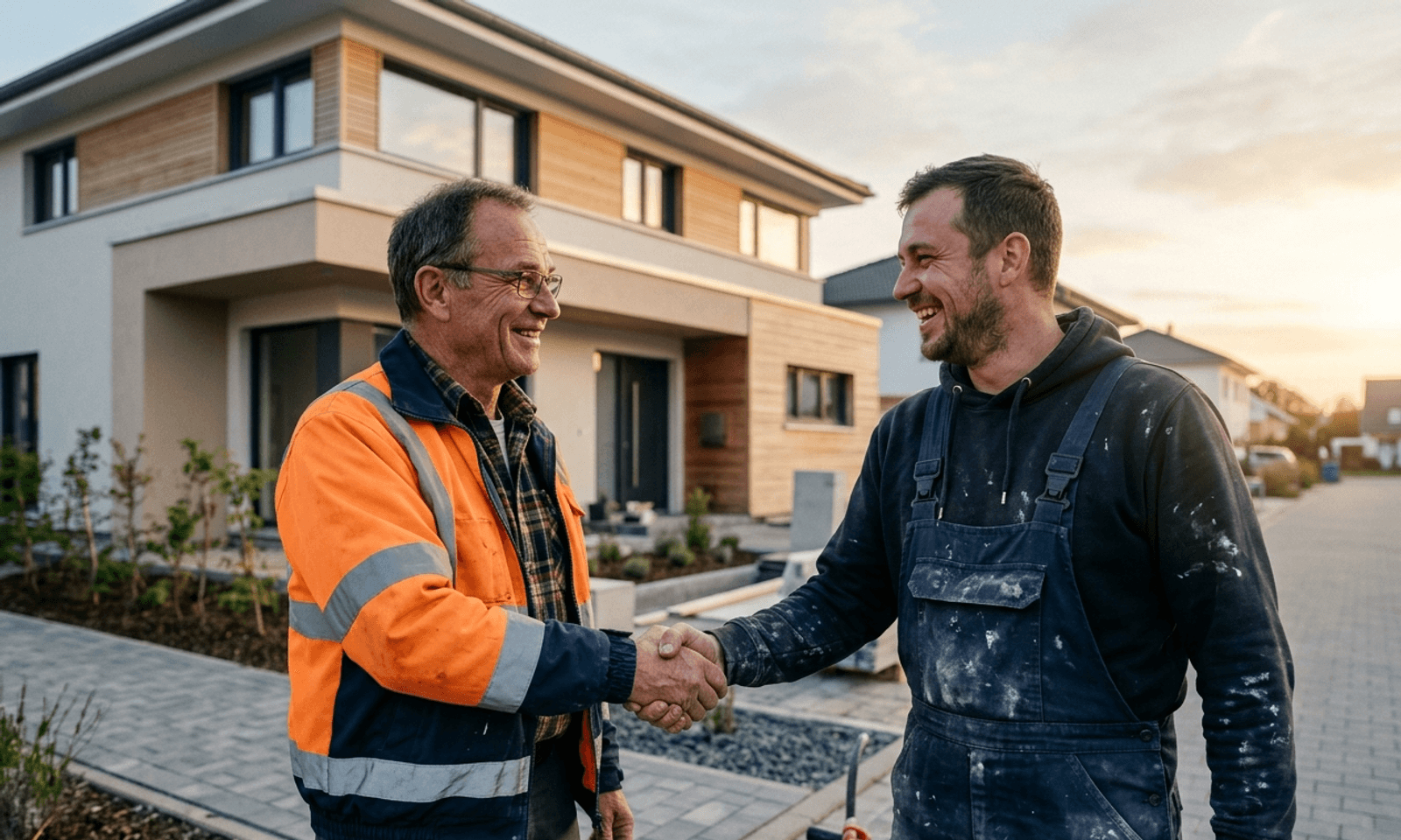 Polier und Bauleiter beim Handschlag vor einem fertiggestellten Neubau.
