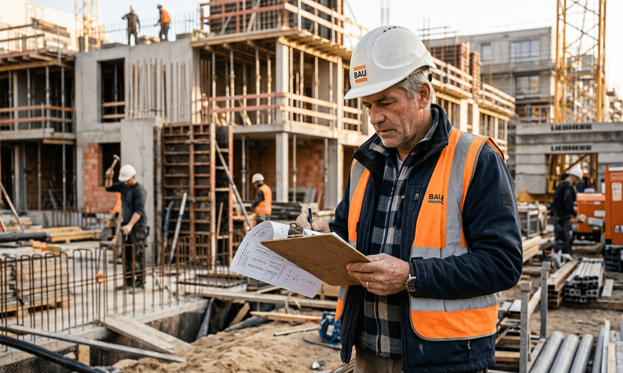 Polier mit Klemmbrett auf der Baustelle, prüft Unterlagen.