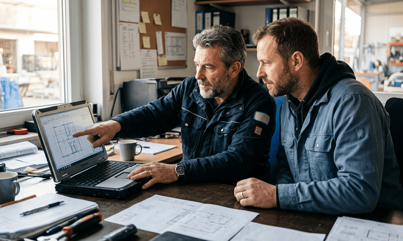 Handwerksteam am Laptop, gemeinsame Kalkulation im Büro.