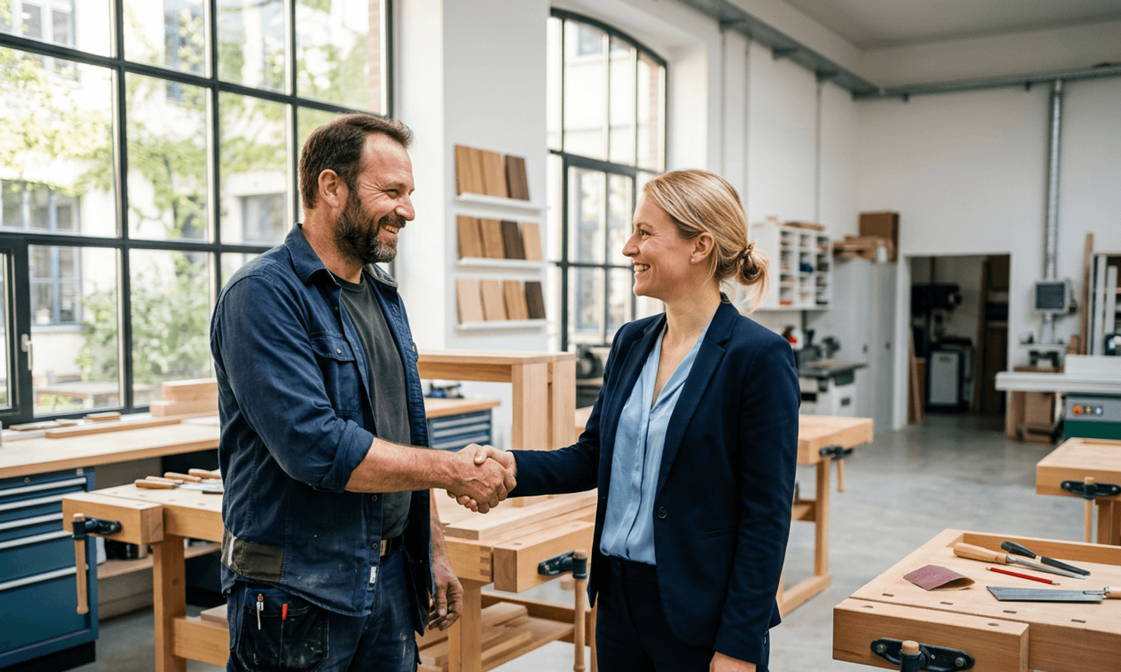 Polier und Handwerker geben sich nach Abschluss die Hand.