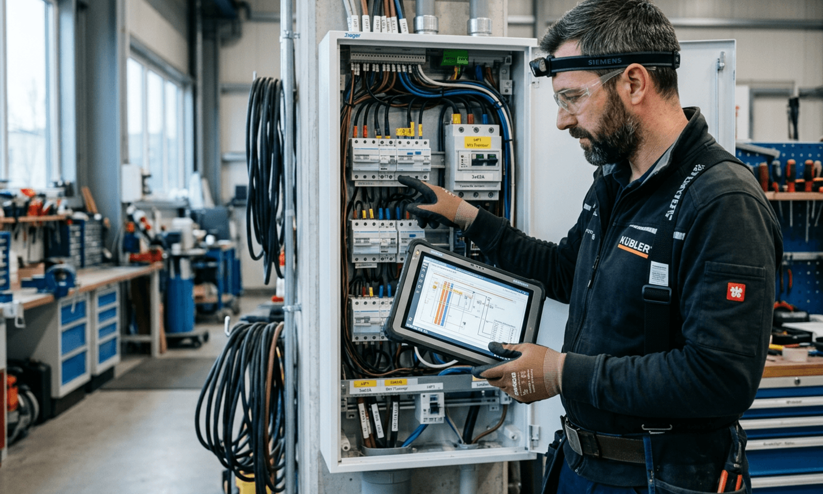 Elektrikerin mit Tablet auf der Baustelle, dokumentiert Arbeit.